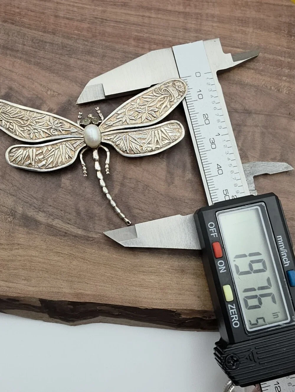 Vintage Dragonfly Insect Brooch Pearl Repousse Art Nouveau 925 Sterling Silver